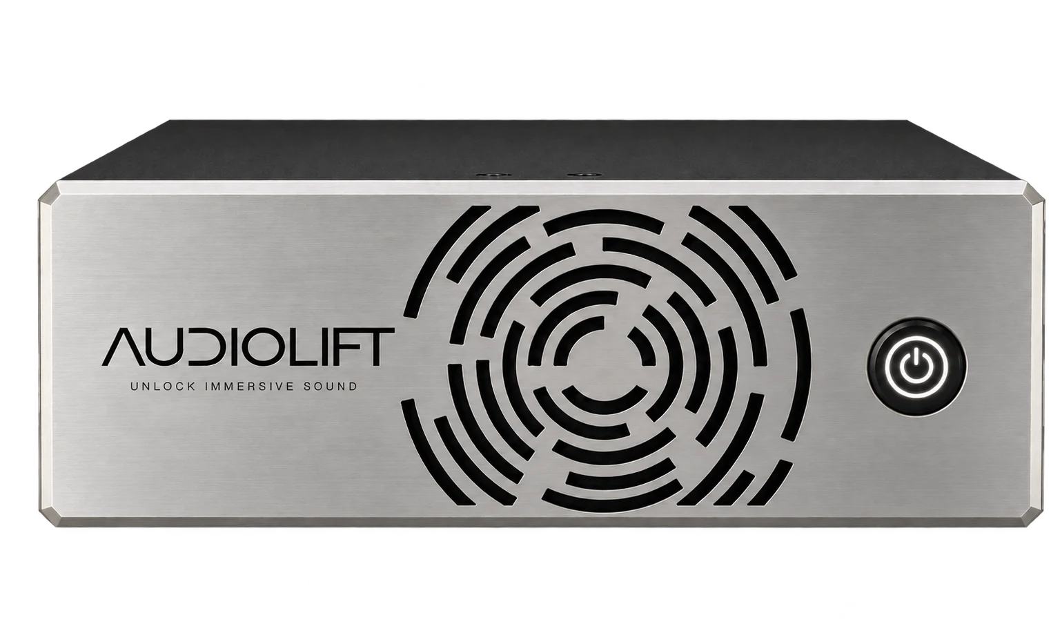 Audiolift Immersive Processor, brushed aluminium front panel with arc-field grille and power button