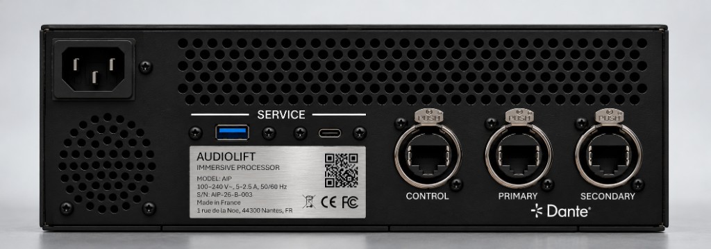 Audiolift Immersive Processor, rear panel: IEC mains inlet, USB and USB-C service ports, CONTROL, Dante Primary and Dante Secondary etherCON ports