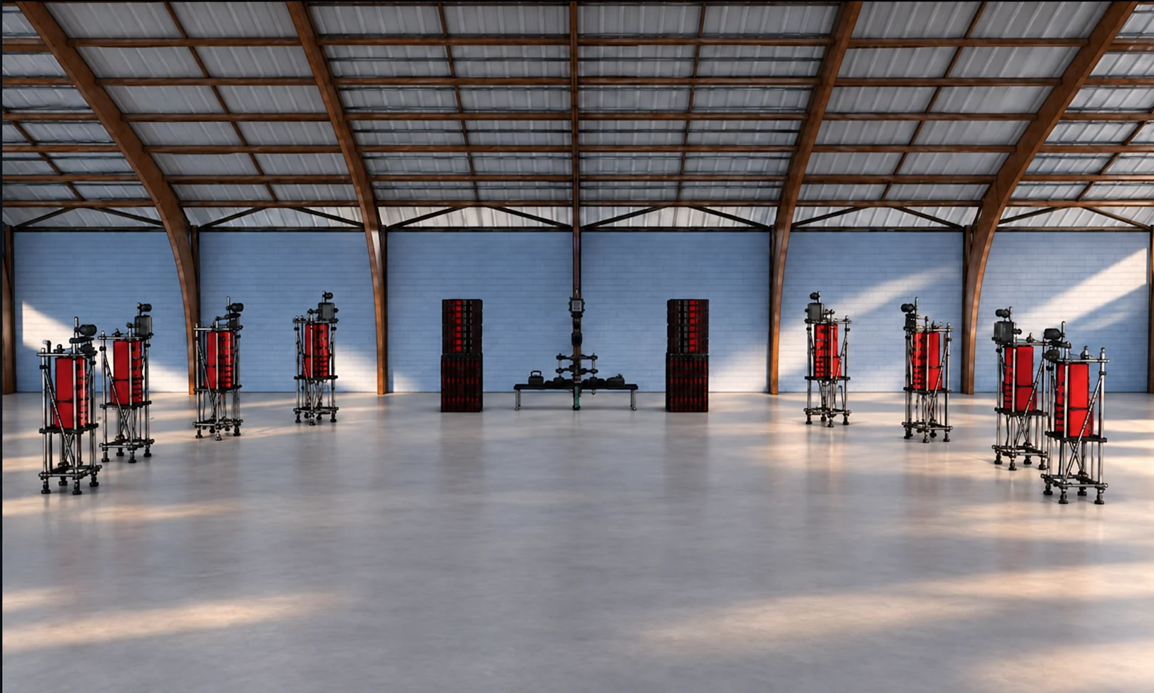 Hors Sol: Clearsound system, loudspeakers on stands around the floor and two subwoofer stacks either side of the stage, in a large hall