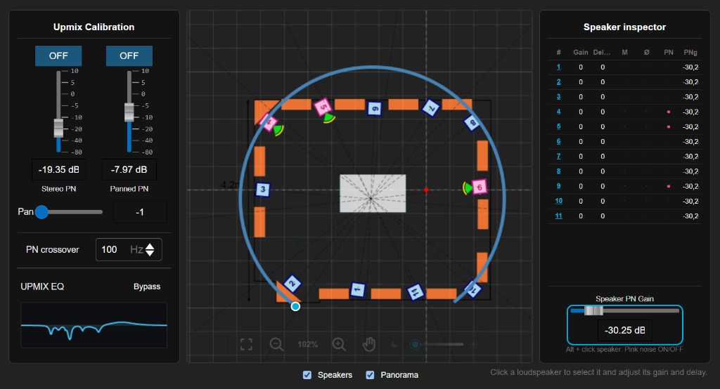 Speaker Calibration page: venue canvas with speakers, Upmix Calibration panel on the left and the speaker inspector on the right