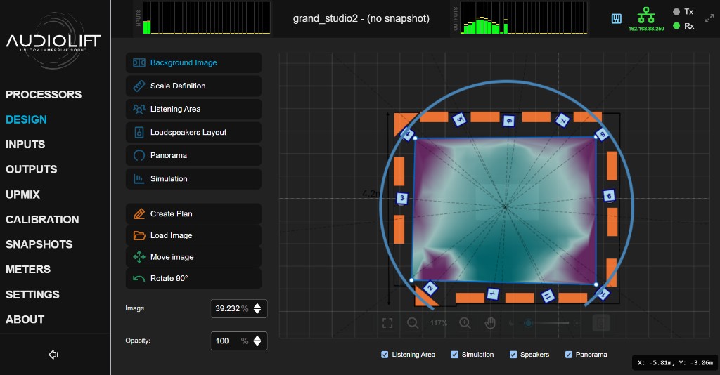 Design page: venue canvas with background image, scale, listening area, loudspeakers and panorama controls