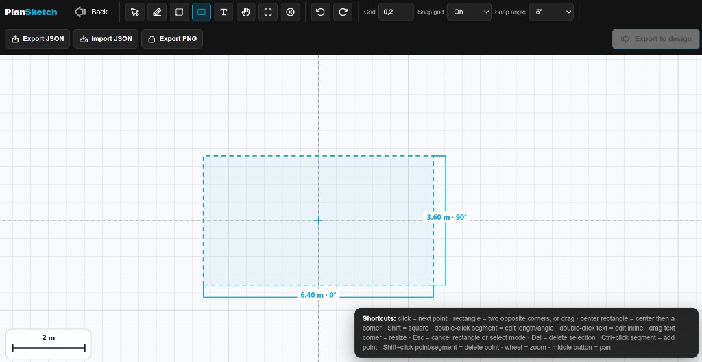 Plan Sketch editor: drawing canvas with wall, text and tool controls