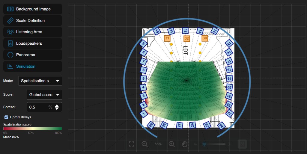 Design Simulation: Spatialisation score, Global score heatmap on the listening area