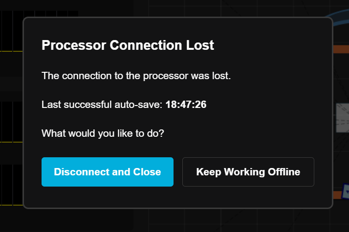 Processor Connection Lost dialog with recovery choices