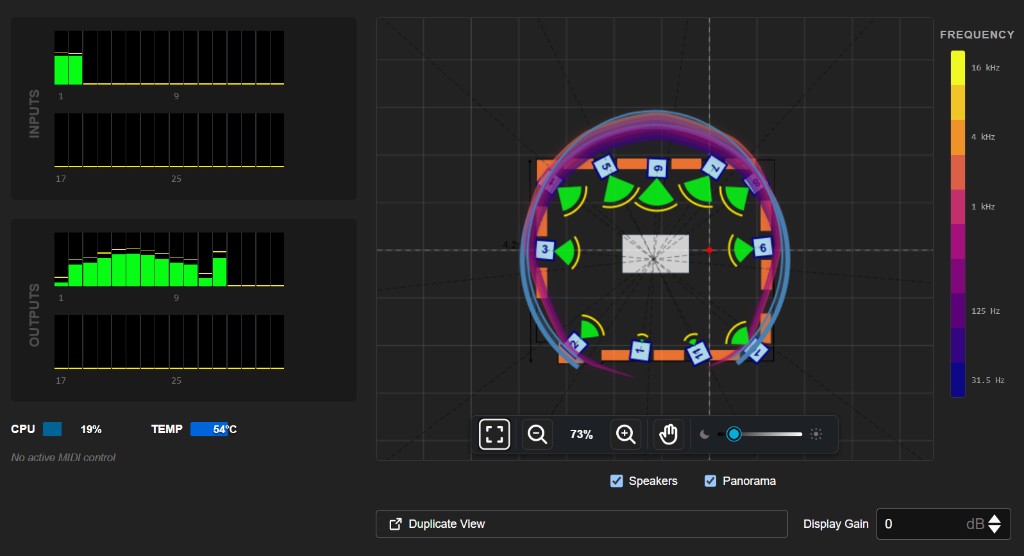Meters page: input and output meters and venue display overlays