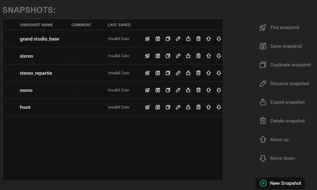 Snapshots page: snapshot list, action legend, New Snapshot and Import Snapshot controls