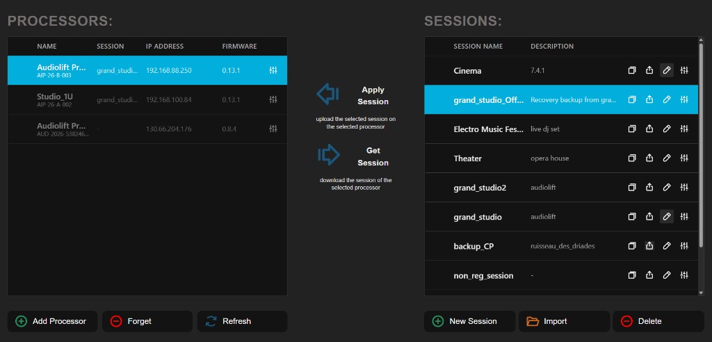 Processors page: processor list, session list, and central Apply/Get controls