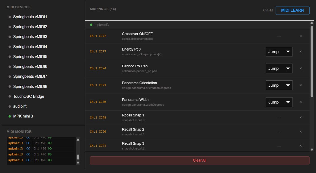 MIDI page: devices, monitor, mappings and control modes