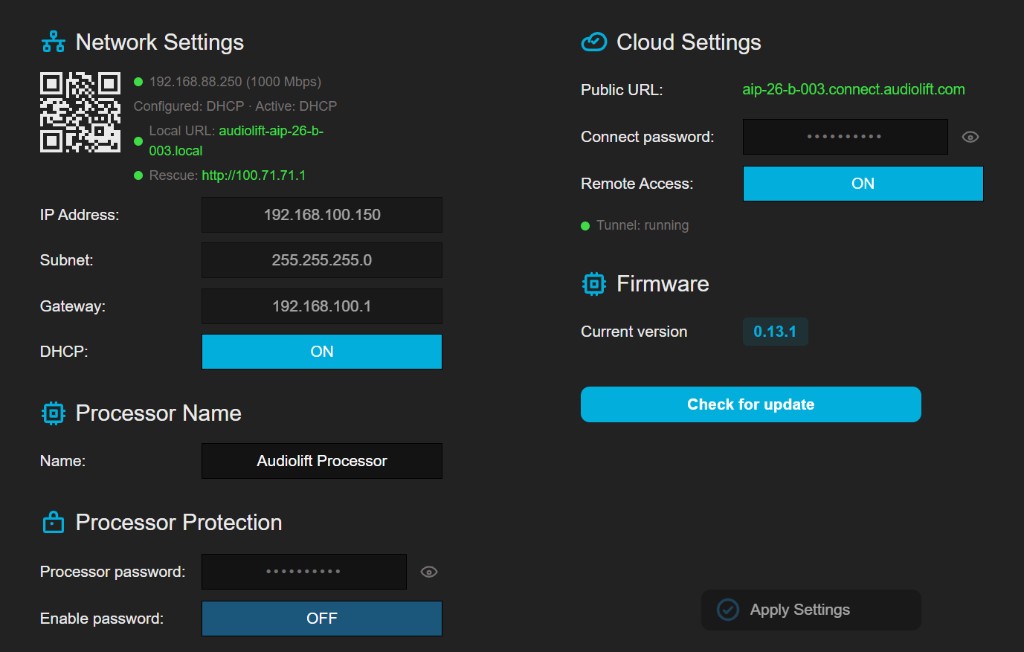 Settings page: Network, Cloud, Processor Name, Processor Protection and Firmware